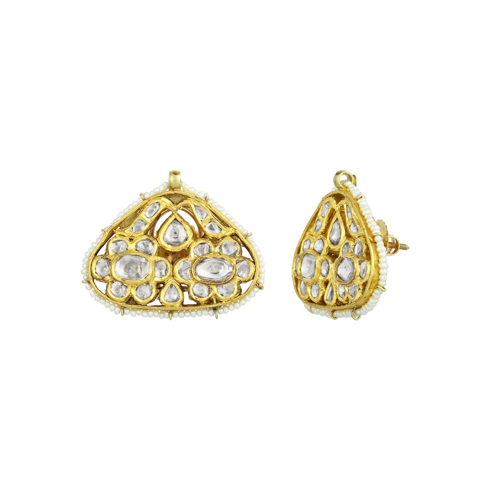 Triangular Polki Earrings with Gold & Pearl Detailing